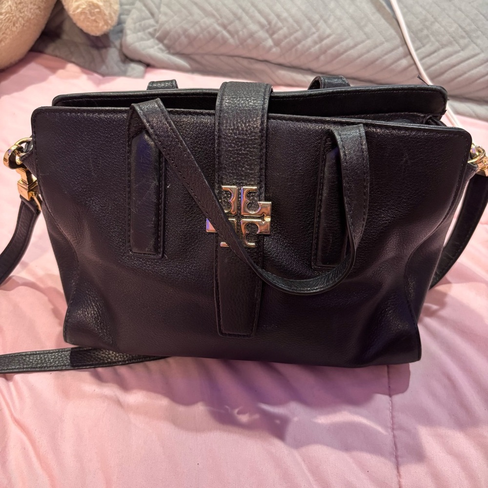 Tory Burch PLAQUE Convertible Satchel Crossbody Shoulder Bag BLACK Leather